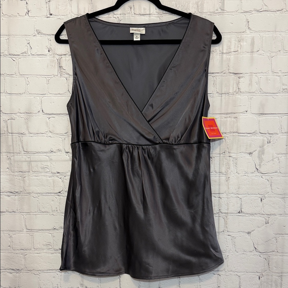 Isaac Mizrahi silk Satin V-Neck Tank Top in Charcoal Gray